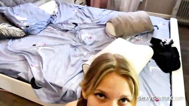 Cute teen with pigtails gets facial after hard pounding