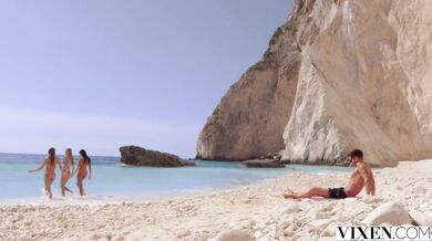 Three pussies fucking in foursome on the beach