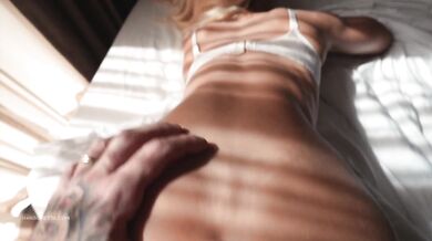 Watch blonde fitness Goddess In White Lace get a messy creampie from Hansel Grettel's big dick