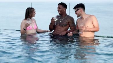 Emejota takes on two huge cocks in a wild interracial threesome